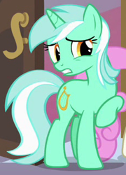 Size: 230x320 | Tagged: safe, screencap, lyra heartstrings, twinkleshine, a canterlot wedding, cringing, cropped, raised hoof, solo focus