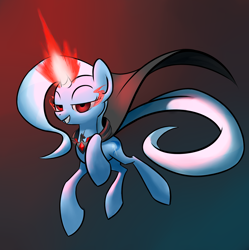 Size: 2480x2489 | Tagged: safe, artist:underpable, derpibooru import, trixie, alicorn amulet, cape, clothes, corrupted, glowing horn, grin, magic, simple background, sombra eyes