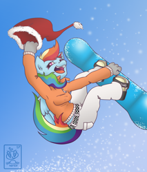 Size: 2550x2988 | Tagged: safe, artist:shiny-pebble, derpibooru import, rainbow dash, anthro, pegasus, airborne, blue coat, blue wings, clothes, coat, ear fluff, female, gloves, multicolored hair, multicolored tail, open mouth, pants, santa hat, smiling, snowboard, snowboarding, snowfall, solo, wings