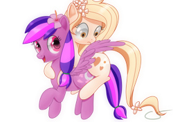 Size: 1024x722 | Tagged: safe, artist:cyanspark, oc, oc only, oc:moonlight blossom, ponies riding ponies, riding, startled, wide eyes