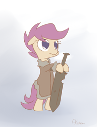 Size: 515x671 | Tagged: safe, artist:alasou, derpibooru import, scootaloo, a song of ice and fire, brace yourselves, clothes, coat, crossover, eddard stark, game of thrones, parody, ponified, solo, wooden sword