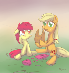 Size: 670x710 | Tagged: safe, artist:alasou, derpibooru import, apple bloom, applejack, earth pony, pony, bow, crying, duo, female, hat