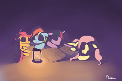 Size: 1200x800 | Tagged: safe, artist:alasou, derpibooru import, fluttershy, rainbow dash, scootaloo, twilight sparkle, firefly (insect), insect, pegasus, pony, book, eyes closed, female, filly, firefly lamp, foal, lantern, mare, sleeping