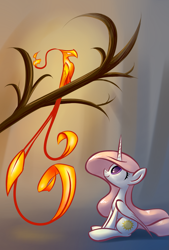 Size: 1181x1748 | Tagged: safe, artist:underpable, derpibooru import, philomena, princess celestia, alicorn, bird, phoenix, pony, filly, pink-mane celestia, tree branch, younger