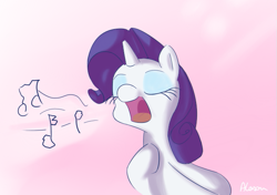 Size: 631x443 | Tagged: safe, artist:alasou, derpibooru import, rarity, pony, unicorn, eyes closed, female, gradient background, horn, lidded eyes, mare, music notes, open mouth, purple mane, signature, singing, white coat