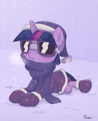 Size: 523x648 | Tagged: safe, artist:alasou, derpibooru import, twilight sparkle, boots, clothes, goggles, hat, scarf, snow, snowfall, solo, winter outfit