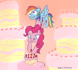 Size: 500x445 | Tagged: safe, artist:alasou, derpibooru import, pinkie pie, rainbow dash, earth pony, pegasus, pony, 30 minute art challenge, cake, cooking, flying, food, large, micro