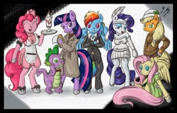 Size: 800x511 | Tagged: safe, derpibooru import, applejack, fluttershy, pinkie pie, rainbow dash, rarity, spike, twilight sparkle, anthro, earth pony, pony, unguligrade anthro, clothes, detective, dress, flapper, gangster, hooves, mane seven, mane six, noir, skirt, waitress