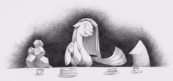 Size: 2840x1344 | Tagged: safe, artist:underpable, derpibooru import, madame leflour, pinkie pie, rocky, earth pony, pony, party of one, cake, cup, insanity, monochrome, pinkamena diane pie, plate, sketch, tea, tea party, teacup, teapot, traditional art