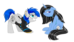 Size: 2600x1500 | Tagged: safe, artist:notenoughapples, oc, oc only, oc:sapphire sights, oc:silver lining, pegasus, pony, unicorn, annoyed, clothes, gauges, grin, hoodie, jacket, piercing