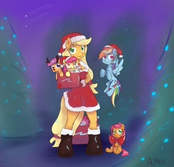 Size: 1200x1155 | Tagged: safe, artist:alasou, derpibooru import, apple bloom, applejack, babs seed, pinkie pie, rainbow dash, scootaloo, sweetie belle, anthro, earth pony, pony, reindeer, bow, box, candy, candy cane, christmas, clothes, costume, cutie mark crusaders, food, hat, holiday, santa claus, santa costume, santa hat