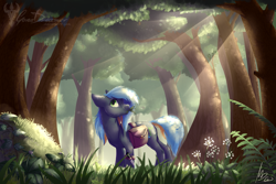 Size: 1024x682 | Tagged: safe, artist:gonedreamer, oc, oc only, oc:rain dancer, earth pony, pony, crepuscular rays, forest, mouth hold, saddle bag, solo