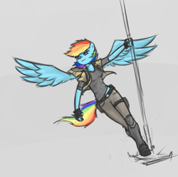 Size: 1067x1058 | Tagged: safe, artist:poptart36, derpibooru import, rainbow dash, anthro, pegasus, blue coat, blue wings, clothes, female, fingerless gloves, multicolored hair, multicolored tail, pants, shirt, simple background, solo, spread wings, traditional art, white background, windswept hair