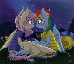 Size: 2300x2000 | Tagged: safe, artist:silbersternenlicht, fluttershy, rainbow dash, bat pony, firefly (insect), pony, armor, blushing, female, flutterbat, flutterdash, hug, lesbian, looking at each other, night, night guard, royal guard, shipping, sitting, starry night, winghug