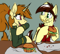 Size: 3000x2725 | Tagged: safe, artist:lining1306, artist:ralek, oc, oc only, oc:katya ironstead, oc:silver lining, alicorn, pegasus, pony, alicorn oc, burger, eating, food, hay burger, laughing, messy eating, scenery