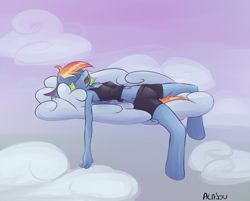 Size: 1126x907 | Tagged: safe, artist:alasou, derpibooru import, rainbow dash, anthro, armpits, belly button, clothes, cloud, cloudy, eyes closed, shirt, shorts, skinny, sleeping, solo