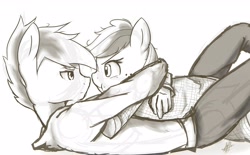 Size: 2868x1782 | Tagged: safe, artist:nolycs, derpibooru import, applejack, rainbow blitz, rainbow dash, anthro, earth pony, pony, appleblitz (straight), appledash, blitzabetes, cute, female, half r63 shipping, hug, male, monochrome, plaid shirt, rule 63, rule63betes, scrunchy face, shipping, sketch, squishy cheeks, straight