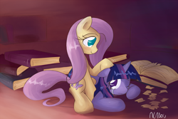 Size: 1200x800 | Tagged: safe, artist:alasou, derpibooru import, fluttershy, twilight sparkle, pegasus, pony, blushing, book, comforting, comforting twilight, crying, female, lesbian, petting, shipping, twishy