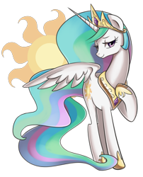 Size: 1917x2371 | Tagged: safe, artist:maren, derpibooru import, princess celestia, alicorn, pony, bedroom eyes, cute, cutelestia, cutie mark, female, looking at you, mare, raised hoof, regalia, simple background, solo, spread wings, transparent background