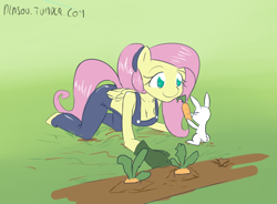 Size: 1140x840 | Tagged: safe, artist:alasou, derpibooru import, angel bunny, fluttershy, anthro, alternate hairstyle, braless, breasts, carrot, cleavage, clothes, food, garden, hootershy, naked overalls, no underwear, overalls, ponytail