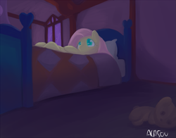 Size: 1147x900 | Tagged: safe, artist:alasou, derpibooru import, fluttershy, pegasus, pony, bed, bedroom, night, teddy bear