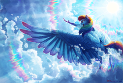 Size: 2021x1365 | Tagged: safe, artist:turnipberry, rainbow dash, pegasus, pony, action pose, cloud, color porn, detailed, feather, flying, lens flare, sky, solo, spread wings