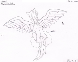 Size: 1024x821 | Tagged: safe, artist:platin17, derpibooru import, rainbow dash, anthro, cloud, feather, humanized, monochrome, pencil, pencil drawing, sketch, solo, traditional art, wings