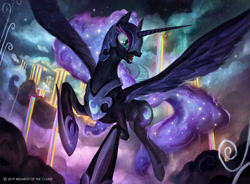 Size: 1400x1029 | Tagged: safe, artist:john thacker, nightmare moon, alicorn, pony, cloud, cloudsdale, ethereal mane, female, magic the gathering, mare, official, ponies the galloping, rainbow waterfall, raised hoof, solo, spread wings, starry mane, wings