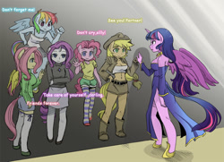 Size: 1000x722 | Tagged: safe, artist:shepherd0821, derpibooru import, applejack, fluttershy, pinkie pie, rainbow dash, rarity, twilight sparkle, twilight sparkle (alicorn), alicorn, anthro, earth pony, pony, unguligrade anthro, ambiguous facial structure, applerack, belly button, breasts, clothes, feels, female, hootershy, immortality blues, mane six, midriff, reflection, sad, sweater, sweatershy