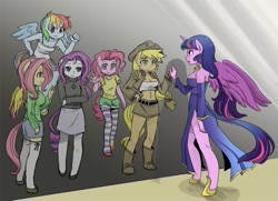 Size: 1000x722 | Tagged: safe, artist:shepherd0821, derpibooru import, applejack, fluttershy, pinkie pie, rainbow dash, rarity, twilight sparkle, twilight sparkle (alicorn), alicorn, anthro, earth pony, pony, unguligrade anthro, ambiguous facial structure, applerack, breasts, cleavage, clothes, feels, female, hootershy, immortality blues, mane six, pierce the heavens!!, reflection, sad, skirt, sweater, sweatershy, t-shirt, tanktop, vietnam memorial