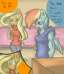 Size: 1944x2273 | Tagged: safe, artist:reneesdetermination, derpibooru import, applejack, rainbow dash, anthro, earth pony, pony, comic:stone cold, applerack, breasts, comic, rainboob dash, stone cold