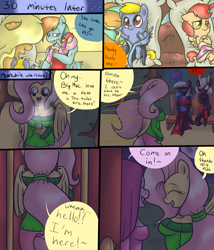 Size: 1944x2273 | Tagged: safe, artist:reneesdetermination, derpibooru import, applejack, fluttershy, pinkie pie, rainbow dash, oc, anthro, earth pony, pony, comic:stone cold, breasts, comic, hootershy, pinkamena diane pie, pinkie pies, stone cold