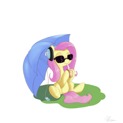 Size: 1200x1200 | Tagged: safe, artist:alasou, derpibooru import, fluttershy, pegasus, pony, headphones, juice box, solo, sunglasses, swag, umbrella