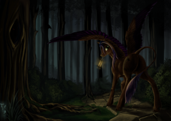 Size: 3508x2480 | Tagged: safe, artist:kirillk, oc, oc only, oc:evening howler, pegasus, pony, forest, lantern, night, solo