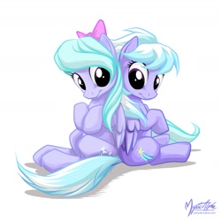 Size: 1029x1029 | Tagged: safe, artist:mysticalpha, cloudchaser, flitter, pegasus, pony, back to back, bow, cute, cutechaser, dock, female, flitterbetes, hair bow, mare, sitting, smiling