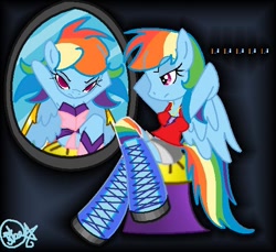 Size: 570x522 | Tagged: safe, artist:ilsebartoluci, derpibooru import, rainbow dash, anthro, altered reflection, mirror