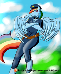 Size: 1008x1224 | Tagged: safe, artist:suki262, rainbow dash, anthro, unguligrade anthro, clothes, patreon, patreon logo, police, police uniform, solo, unshorn fetlocks