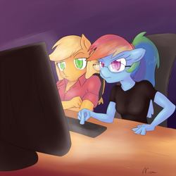 Size: 1200x1200 | Tagged: safe, artist:alasou, derpibooru import, applejack, rainbow dash, anthro, earth pony, pony, alternate hairstyle, computer, glasses, ponytail, rainbow dork