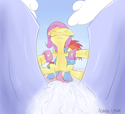 Size: 1200x1100 | Tagged: safe, artist:alasou, derpibooru import, fluttershy, rainbow dash, pegasus, pony, water, water slide