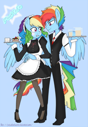 Size: 1349x1933 | Tagged: safe, artist:jaquelindreamz, derpibooru import, rainbow blitz, rainbow dash, anthro, clothes, maid, rule 63, self ponidox, waiter