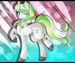 Size: 974x821 | Tagged: safe, artist:umimizunone, oc, oc only, oc:lea, earth pony, pony, abstract background, bracelet, collar, earring, female, happy, mare, piercing, rainbow, smiling, tongue out, tongue piercing, two colour hair