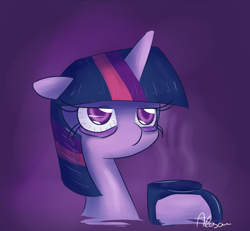 Size: 650x600 | Tagged: safe, artist:alasou, derpibooru import, twilight sparkle, bags under eyes, bust, coffee, cup, insomnia, portrait, solo