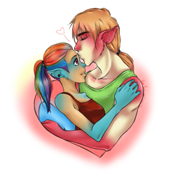 Size: 795x768 | Tagged: safe, artist:thepandacaffe, derpibooru import, big macintosh, rainbow dash, anthro, ear piercing, female, human facial structure, human to anthro, human to pony, kissing, male, piercing, rainbowmac, shipping, straight, transformation