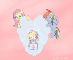 Size: 953x778 | Tagged: safe, artist:alasou, derpibooru import, derpy hooves, fluttershy, rainbow dash, pegasus, pony, cloud, female, heart, mare, valentine