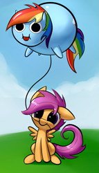 Size: 1039x1818 | Tagged: safe, artist:underpable, derpibooru import, rainbow dash, scootaloo, pegasus, pony, balloon, mouth hold, poo brain, string, tongue out