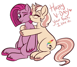 Size: 750x657 | Tagged: safe, artist:lulubell, bubble berry, bubblini davinci berry, pinkie pie, oc, oc:lulubell, earth pony, pony, canon x oc, kiss on the cheek, kissing, pinkamena diane pie, rule 63, shipping, simple background, transparent background