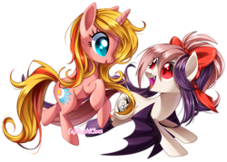 Size: 1600x1143 | Tagged: safe, artist:jojuki-chan, oc, oc only, oc:dreamy sweet, oc:sweet velvet, bat pony, pony, unicorn