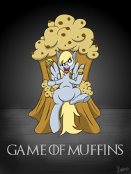 Size: 900x1200 | Tagged: safe, artist:the1xeno1, derpy hooves, pegasus, pony, female, food, game of thrones, mare, muffin, parody, scepter, solo, that pony sure does love muffins