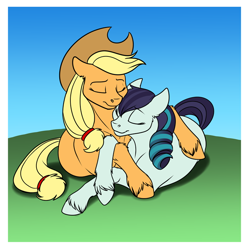 Size: 700x700 | Tagged: safe, artist:foxenawolf, applejack, coloratura, earth pony, pony, commission, cuddling, female, lesbian, rarajack, shipping, snuggling