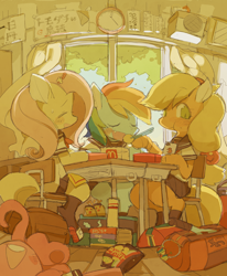 Size: 618x750 | Tagged: safe, artist:rikose, derpibooru import, applejack, fluttershy, pinkie pie, rainbow dash, anthro, earth pony, pony, backpack, barrette, chair, chopsticks, clock, clothes, curtains, desk, dexterous hooves, eating, food, intercom, iphone, japanese, mcdonald's, pleated skirt, product placement, satchel, school uniform, schoolgirl, skirt, window